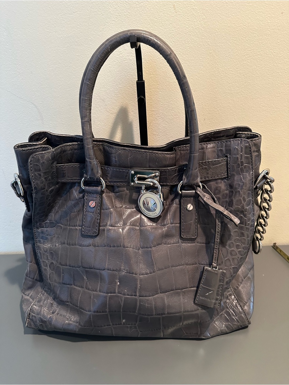 Michael by Michael Kors Charcoal Croc-Embossed Leather Hamilton Tote w logo lock